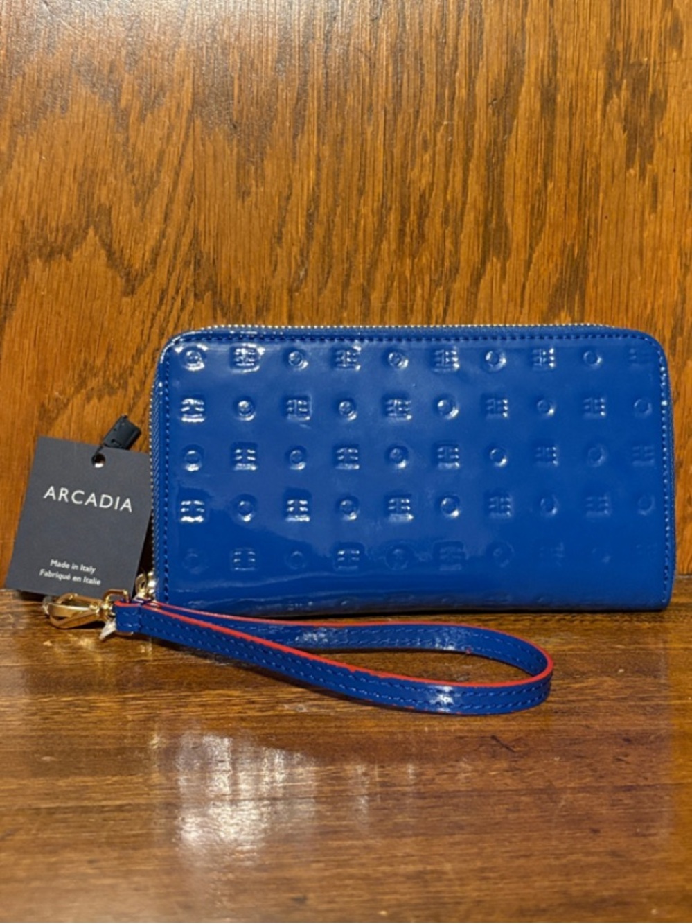 NWT-Arcadia-Zip Around Continental Wallet-Embossed Logo-Patent Leather-Sapphire